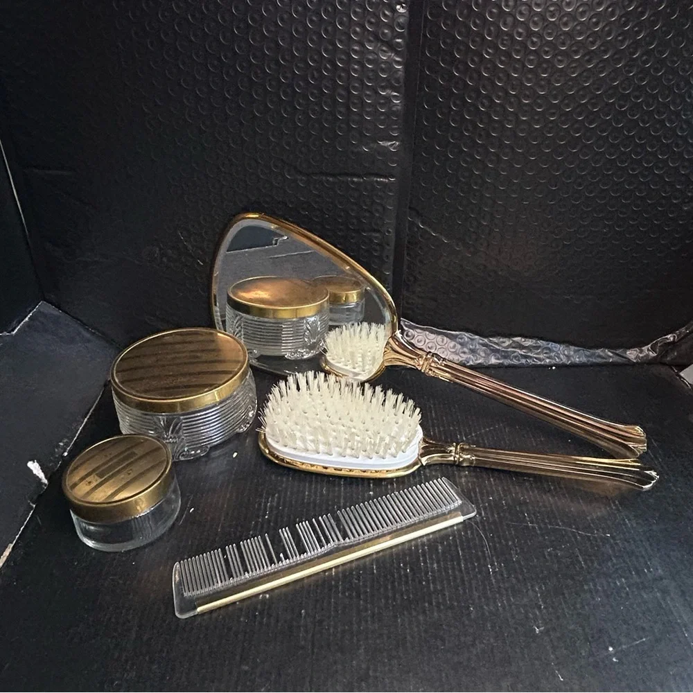 Vintage Vanity 5pc Dressing Table Set Mirror Brush Comb 2 Jars: Gold, Floral